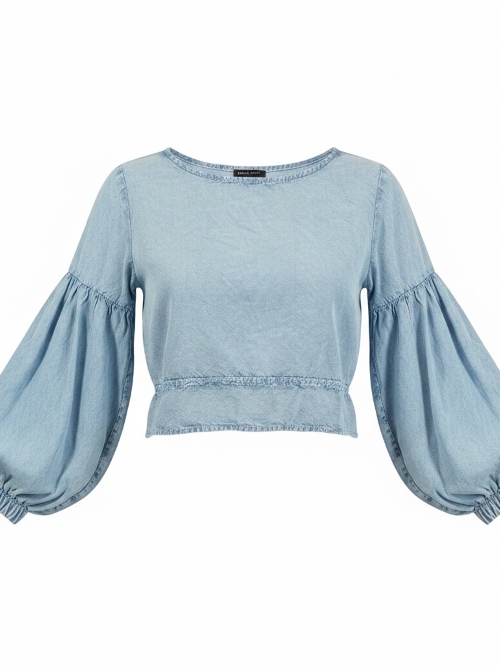 Style Envy Light Wash Denim Look Balloon Sleeve Tie Back Crop Top Women's Size M